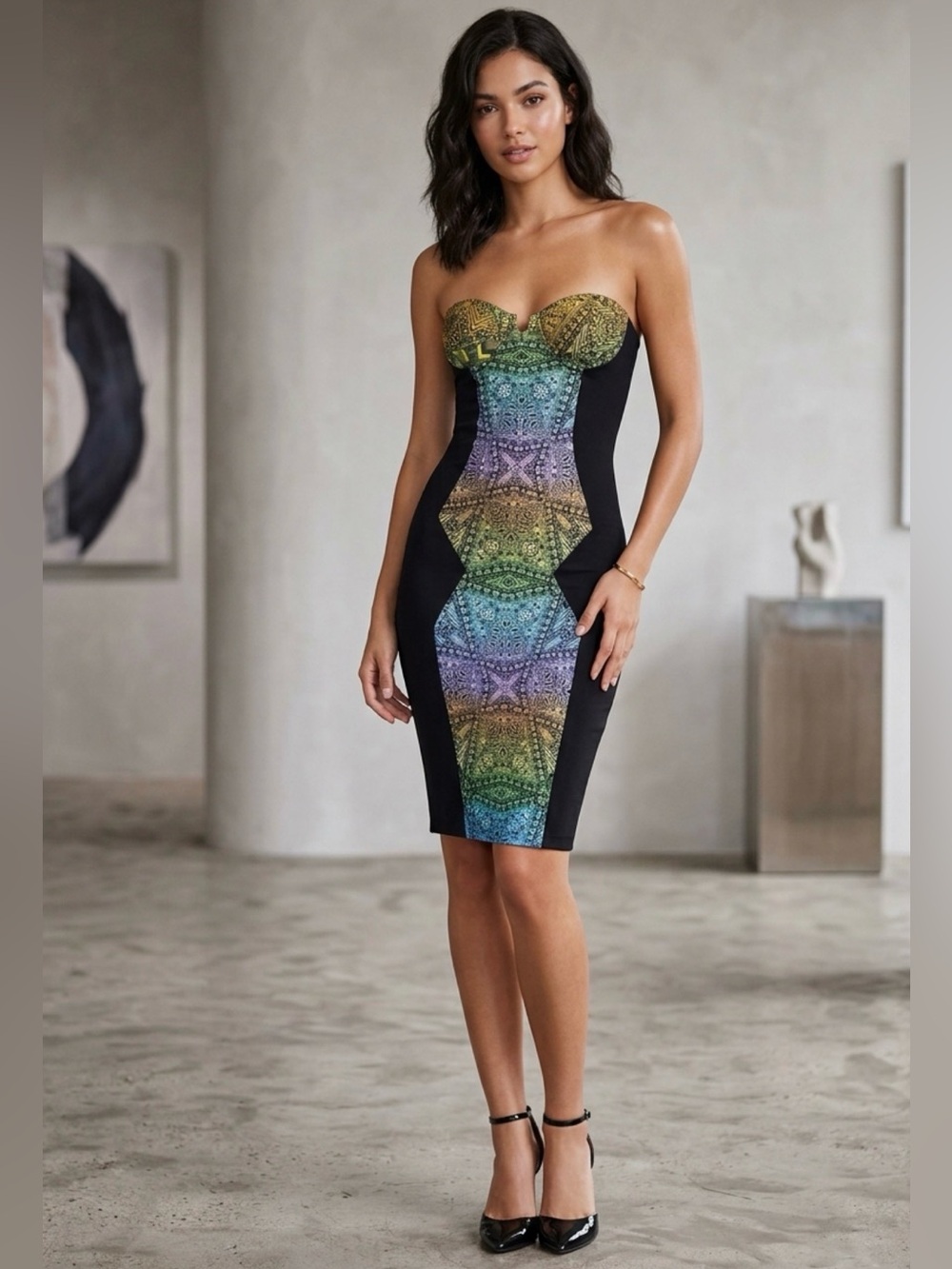 Material Girl Strapless Black Dress with Multicolor Center Panel